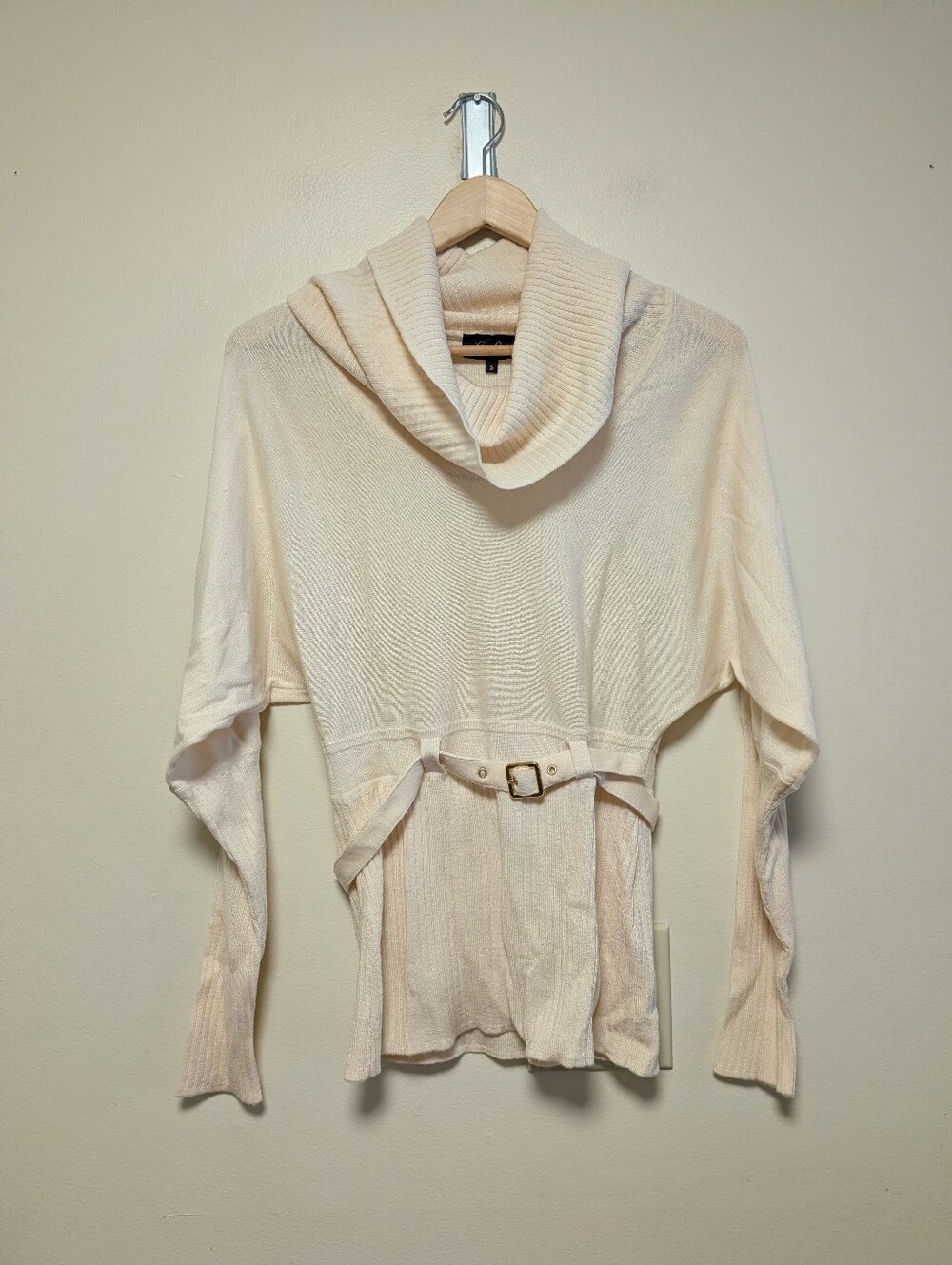 Luisa Spagnoli Merino Wool Belted Cowl Neck Sweater Cream Small